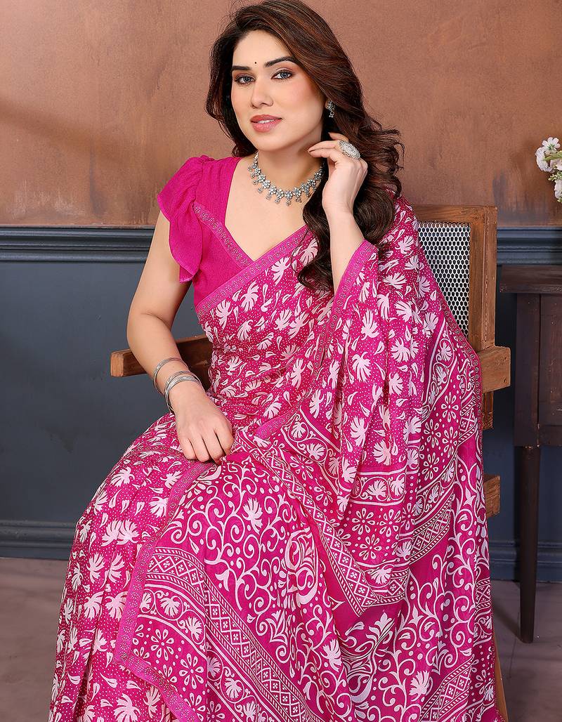 pink floral georgette saree with lace border & blouse piece