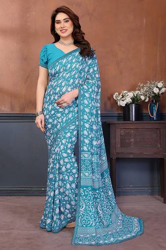 blue floral georgette saree with lace border & blouse piece