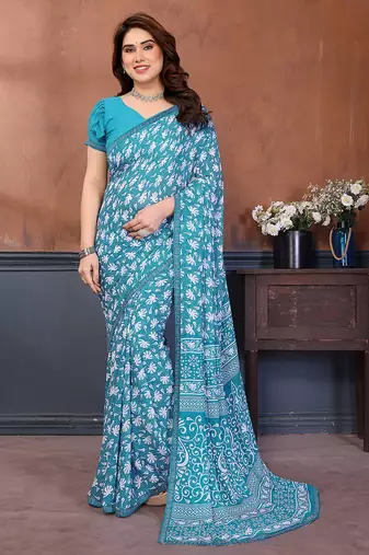 blue floral georgette saree with lace border & blouse piece