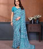blue floral georgette saree with lace border & blouse piece