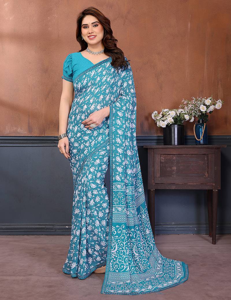 blue floral georgette saree with lace border & blouse piece