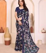 blue floral georgette saree with lace border & blouse piece