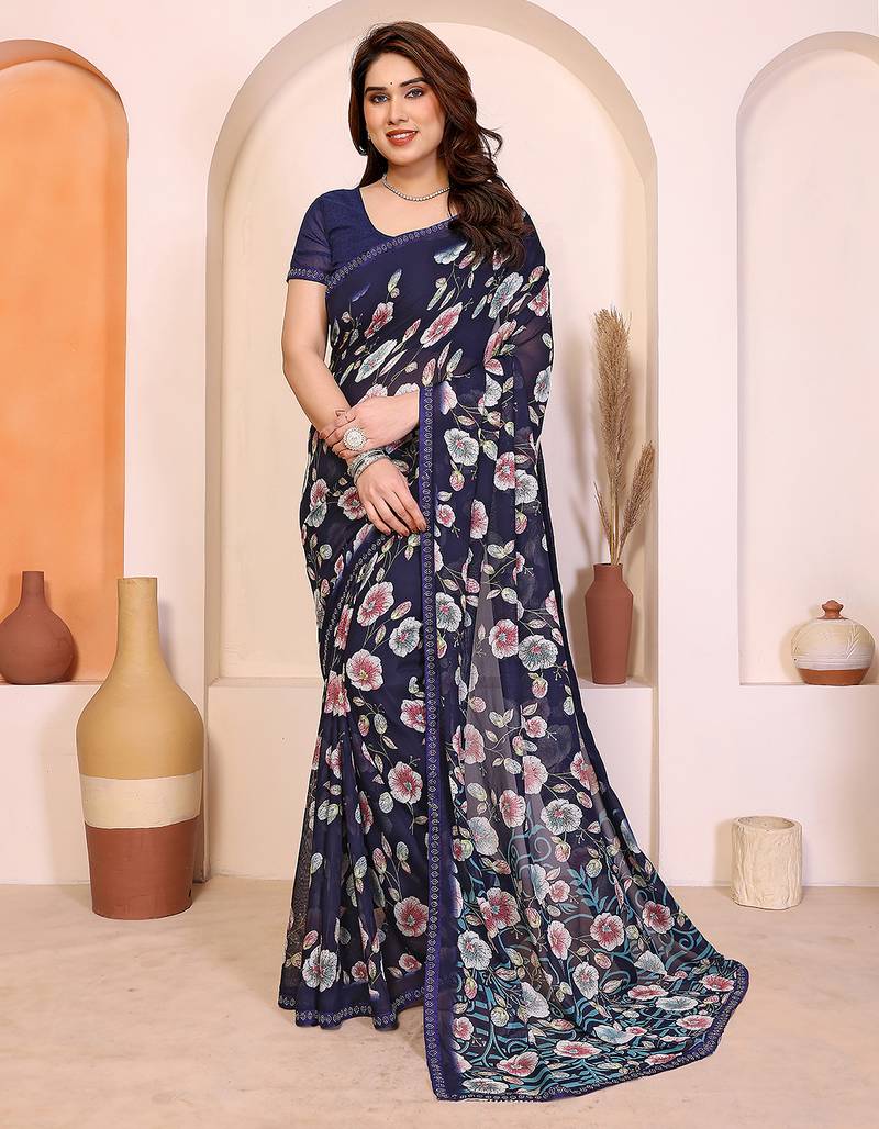 blue floral georgette saree with lace border & blouse piece