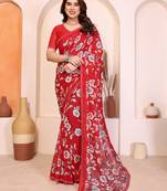 red floral georgette saree with lace border & blouse piece