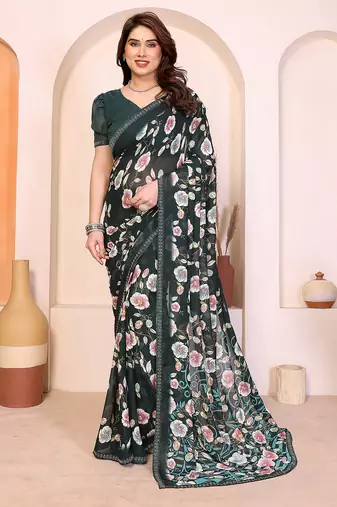green floral georgette saree with lace border & blouse piece