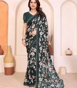 green floral georgette saree with lace border & blouse piece