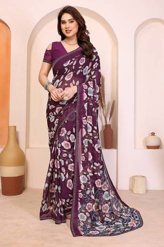   purple floral georgette saree with lace border & blouse piece