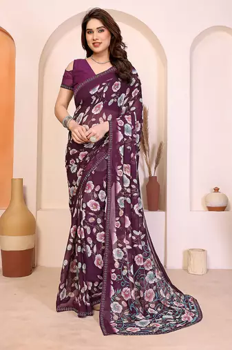   purple floral georgette saree with lace border & blouse piece