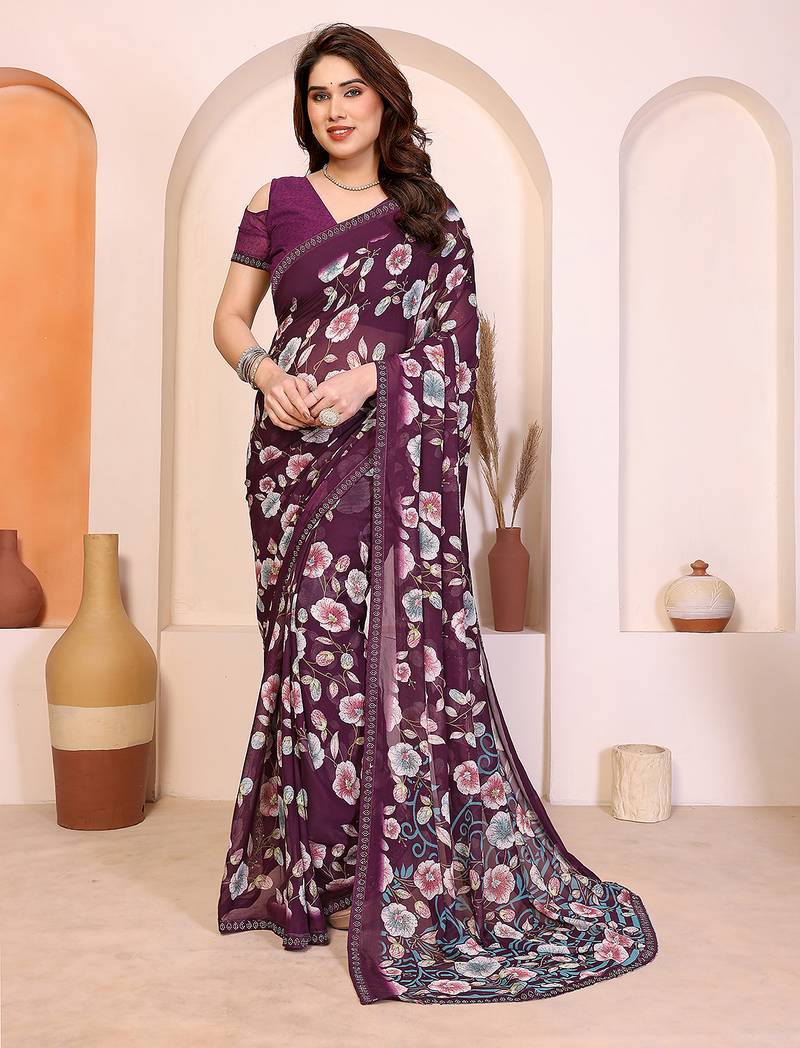  purple floral georgette saree with lace border & blouse piece