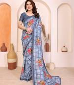 blue floral georgette saree with lace border & blouse piece