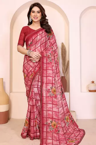 pink floral georgette saree with lace border & blouse piece