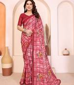 pink floral georgette saree with lace border & blouse piece