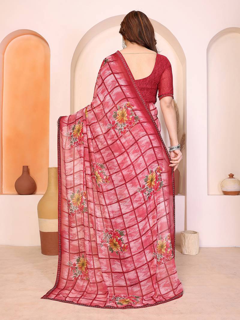 pink floral georgette saree with lace border & blouse piece