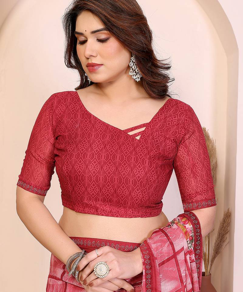 pink floral georgette saree with lace border & blouse piece