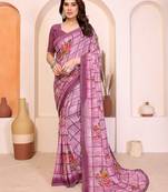   purple floral georgette saree with lace border & blouse piece