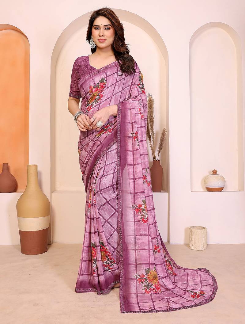   purple floral georgette saree with lace border & blouse piece
