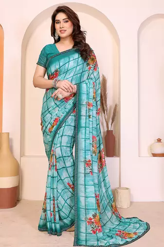   Blue floral georgette saree with lace border & blouse piece