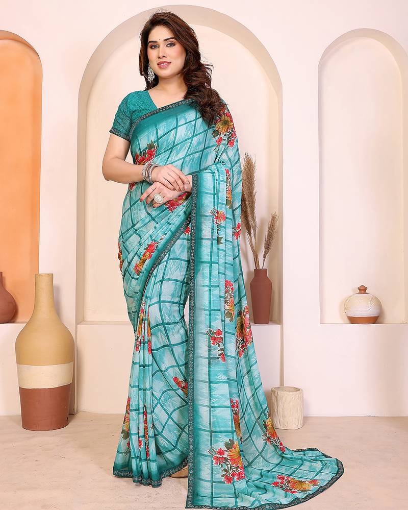  Blue floral georgette saree with lace border & blouse piece
