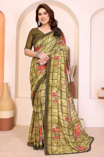 green floral georgette saree with lace border & blouse piece