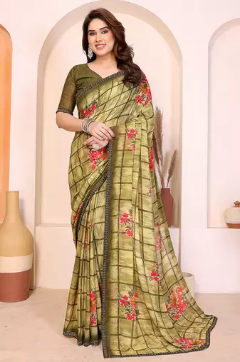 green floral georgette saree with lace border & blouse piece