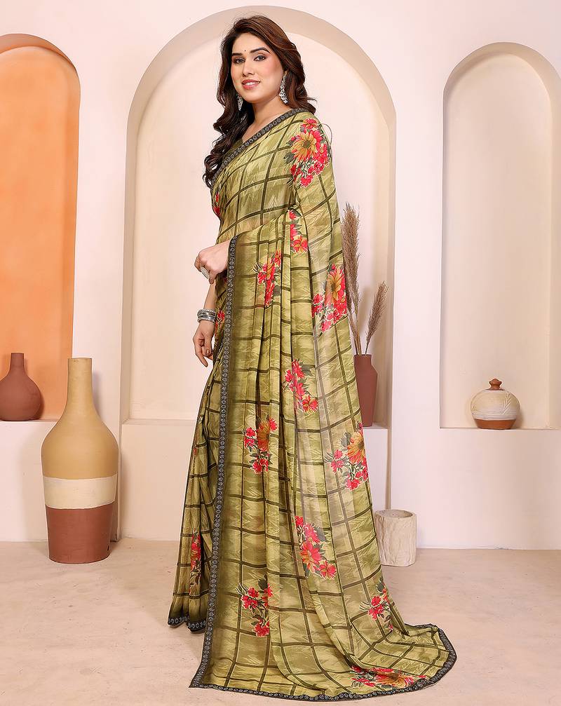 green floral georgette saree with lace border & blouse piece