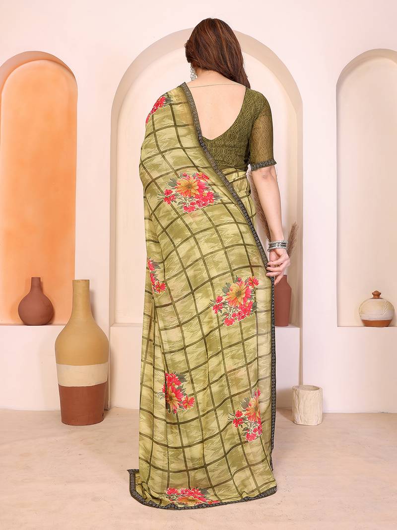 green floral georgette saree with lace border & blouse piece