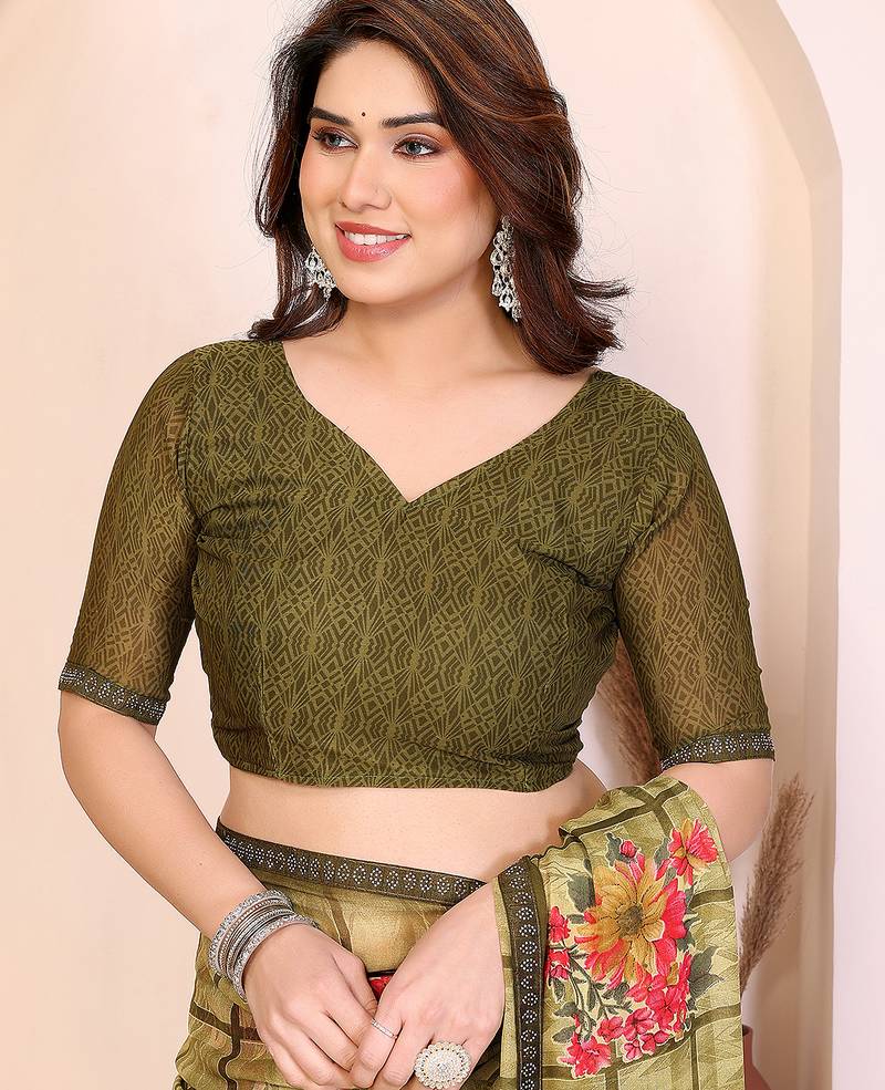 green floral georgette saree with lace border & blouse piece