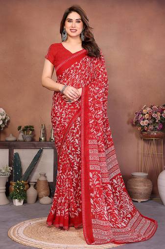 red floral georgette saree with lace border & blouse piece