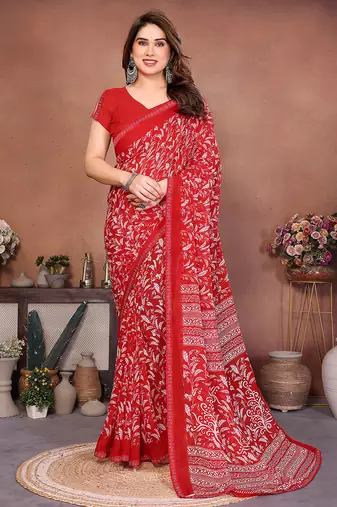 red floral georgette saree with lace border & blouse piece