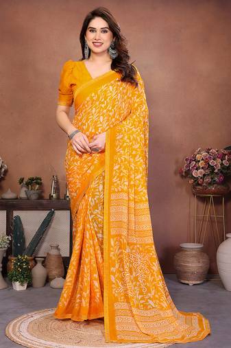   yellow floral georgette saree with lace border & blouse piece