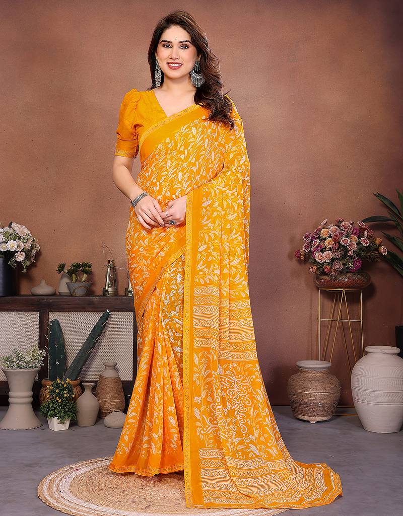  yellow floral georgette saree with lace border & blouse piece