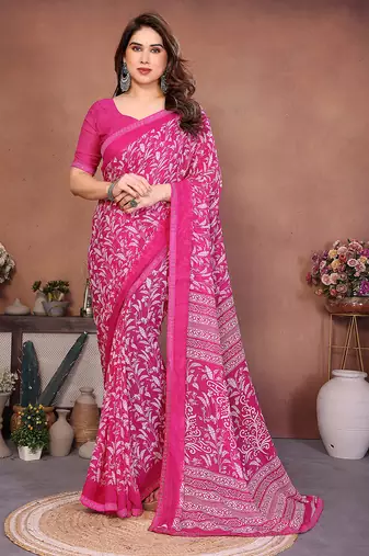 pink floral georgette saree with lace border & blouse piece