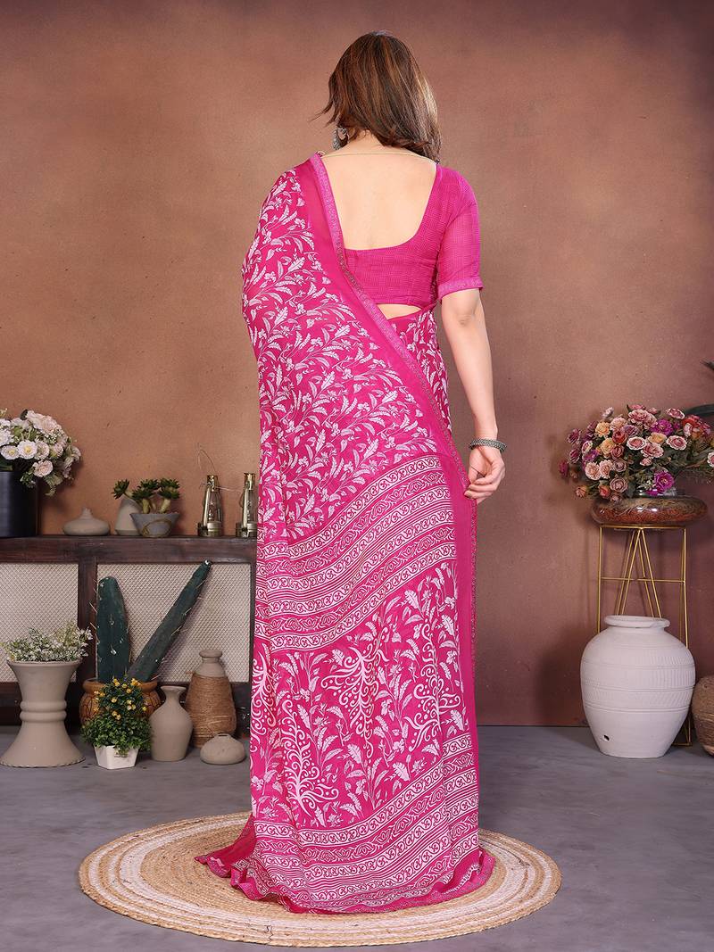 pink floral georgette saree with lace border & blouse piece