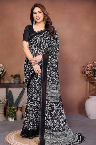 black floral georgette saree with lace border & blouse piece