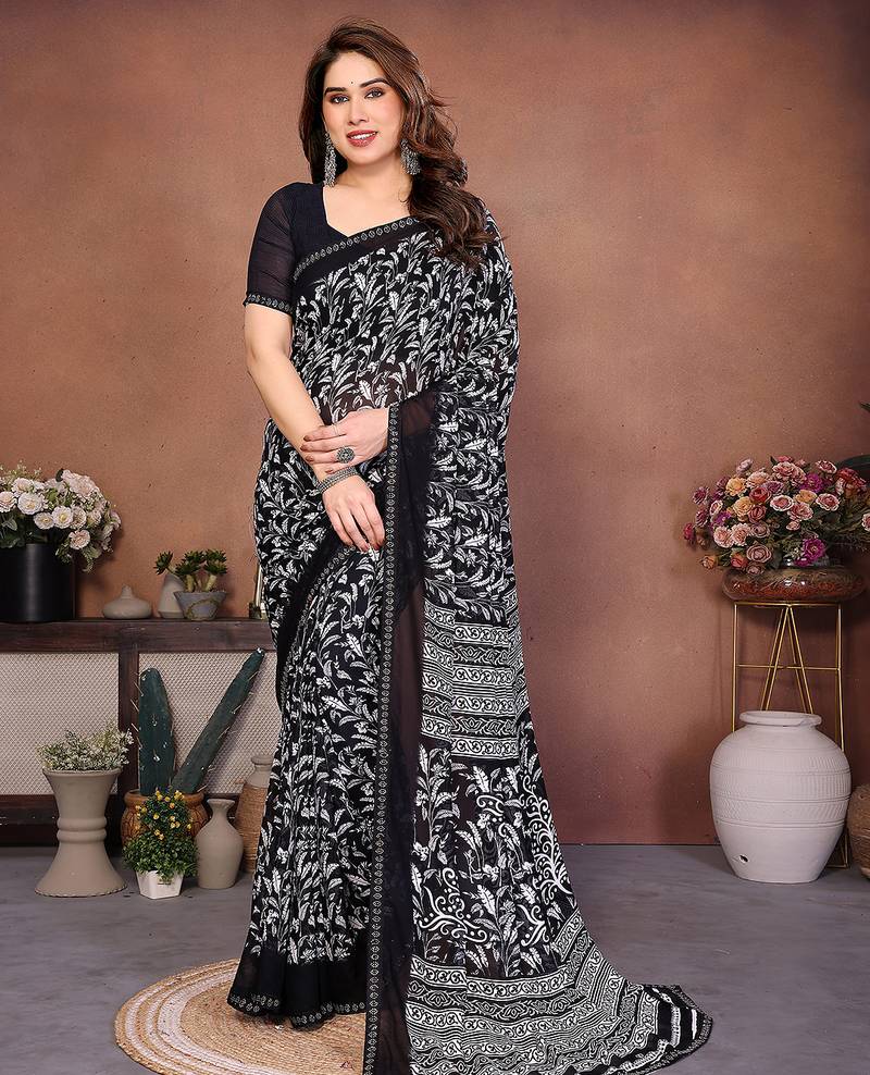 black floral georgette saree with lace border & blouse piece