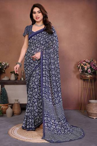 blue floral georgette saree with lace border & blouse piece