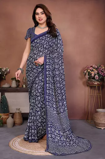 blue floral georgette saree with lace border & blouse piece