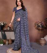 blue floral georgette saree with lace border & blouse piece