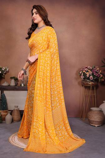   yellow floral georgette saree with lace border & blouse piece