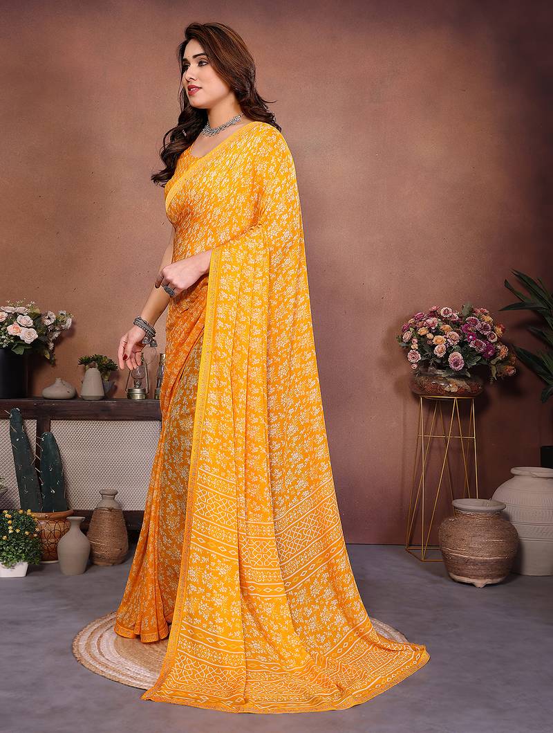  yellow floral georgette saree with lace border & blouse piece