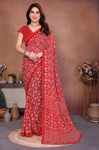 red floral georgette saree with lace border & blouse piece