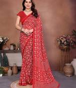red floral georgette saree with lace border & blouse piece