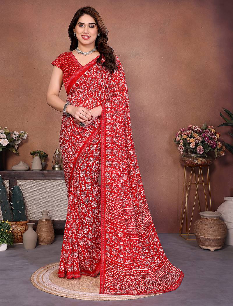 red floral georgette saree with lace border & blouse piece