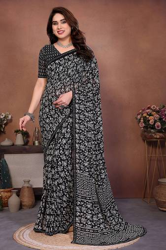 black floral georgette saree with lace border & blouse piece