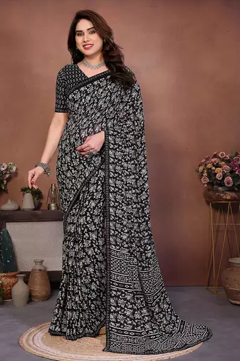 black floral georgette saree with lace border & blouse piece