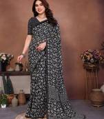 black floral georgette saree with lace border & blouse piece
