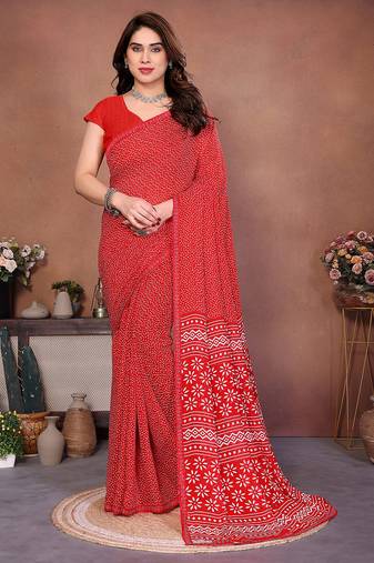 red floral georgette saree with lace border & blouse piece