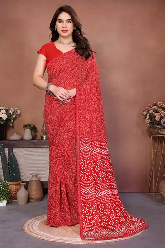 red floral georgette saree with lace border & blouse piece