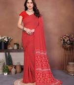 red floral georgette saree with lace border & blouse piece