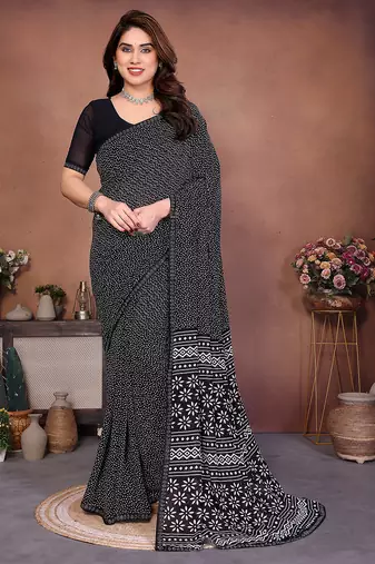 black floral georgette saree with lace border & blouse piece